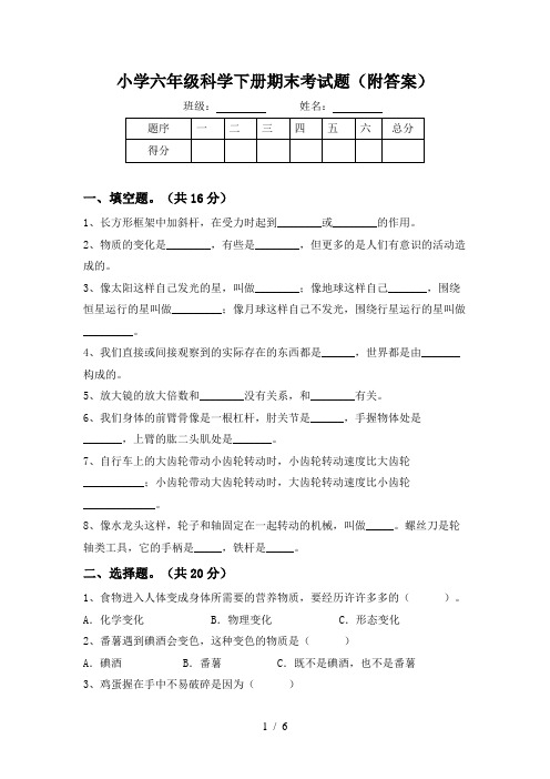 小学六年级科学下册期末考试题(附答案)