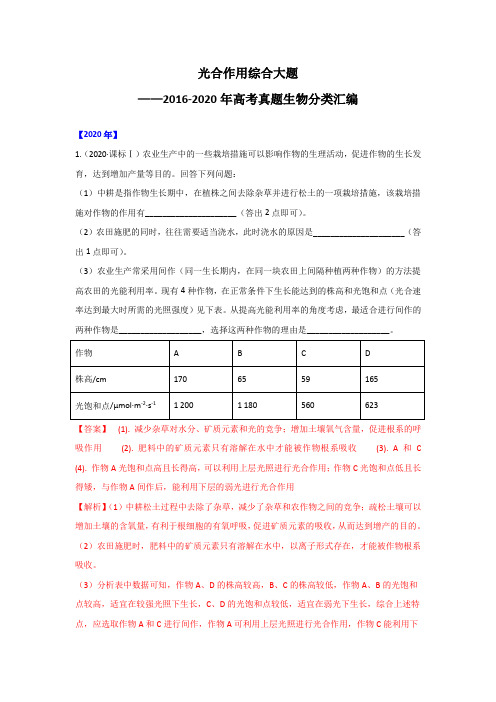 光合作用综合大题——2016-2020年高考真题生物分类汇编