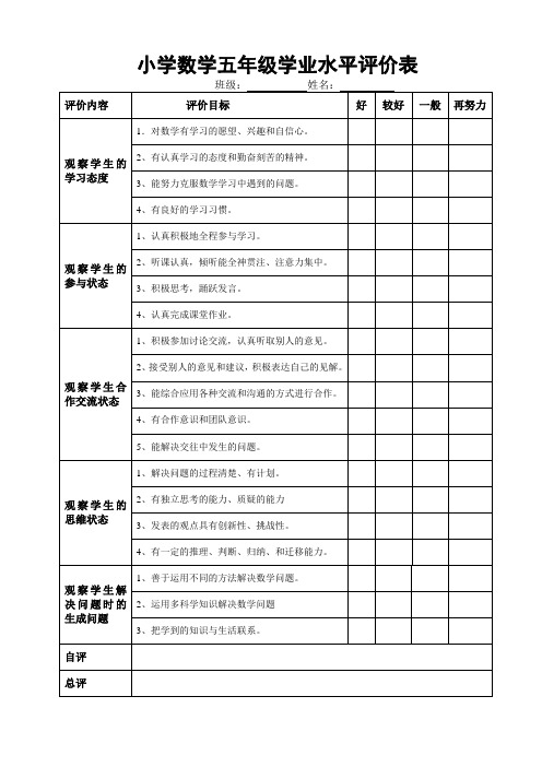 小学数学五年级学业水平评价表