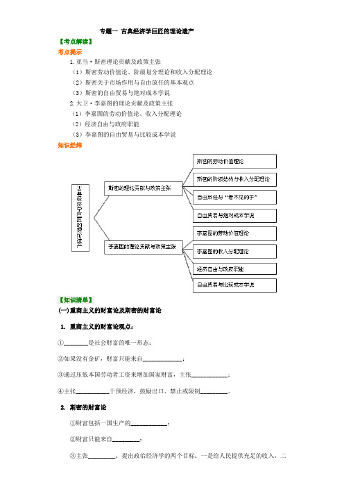 2020年高考政治复习知识和检测：选修2 专题一 古典经济学巨匠的理论遗产