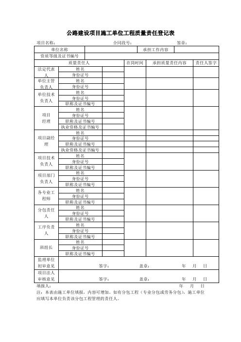 公路建设项目施工单位工程质量责任登记表