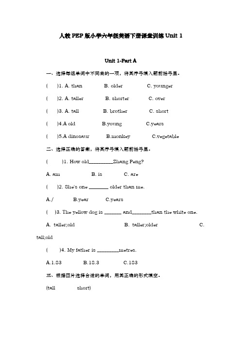 2人教PEP版小学六年级英语下册课堂训练Unit1