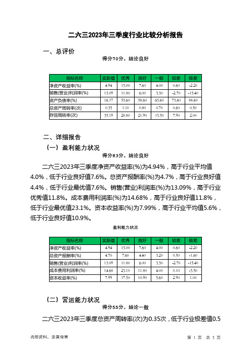 002467二六三2023年三季度行业比较分析报告