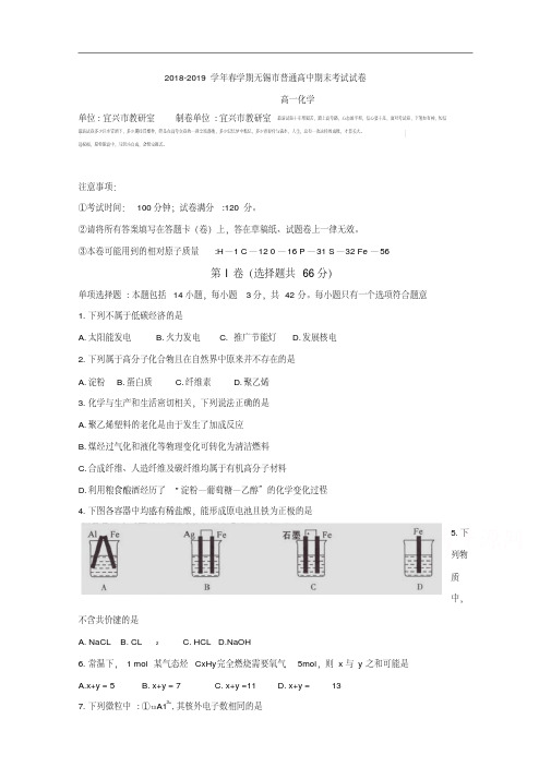 江苏省无锡市2018-2019学年高一下学期期末考试化学Word版含答案.pdf