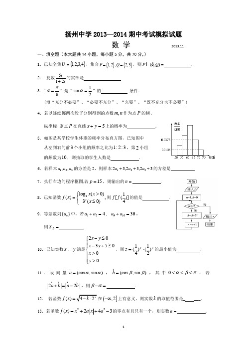 扬州中学2014届高三上学期期中考试模拟数学试题