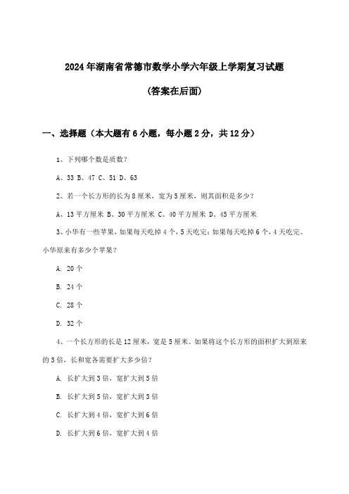 2024年湖南省常德市小学六年级上学期数学试题及答案指导