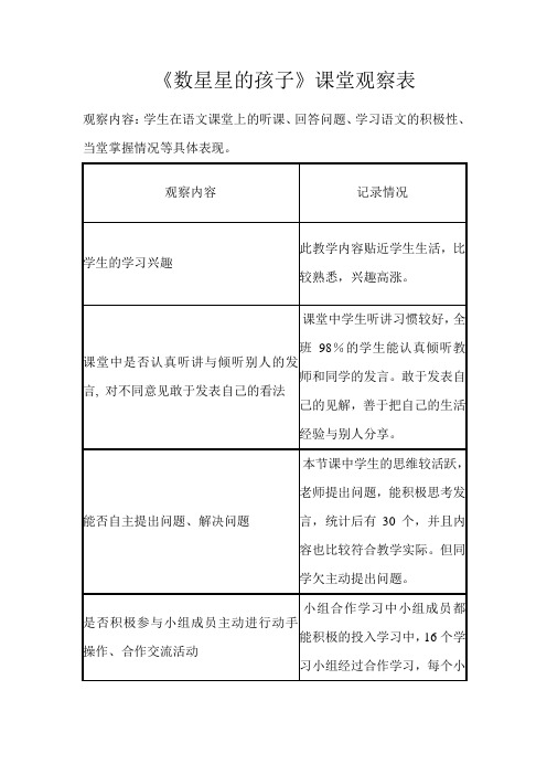 人教版小学语文三年级上册《美丽的小兴安岭》课堂观察量表