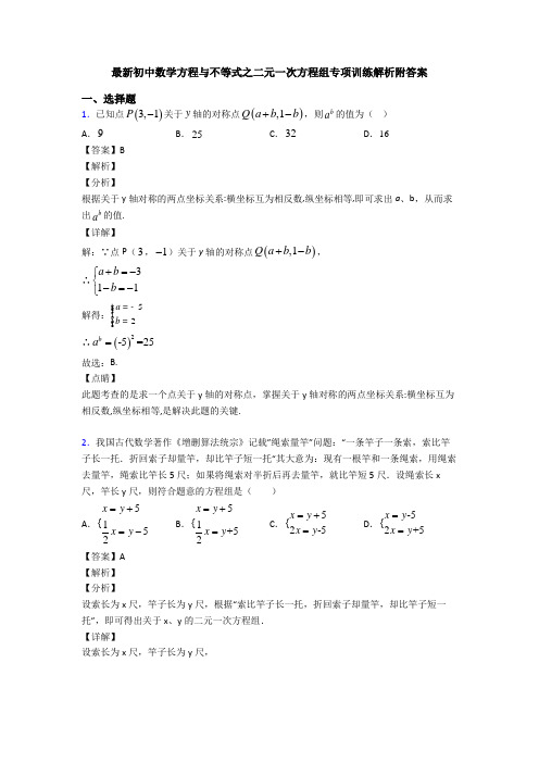 最新初中数学方程与不等式之二元一次方程组专项训练解析附答案