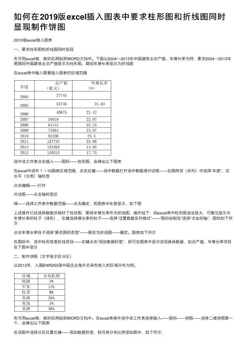 如何在2019版excel插入图表中要求柱形图和折线图同时显现制作饼图