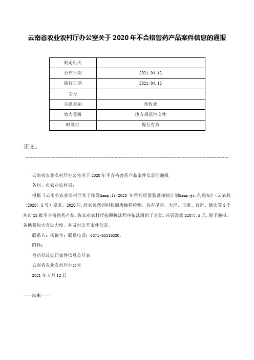 云南省农业农村厅办公室关于2020年不合格兽药产品案件信息的通报-