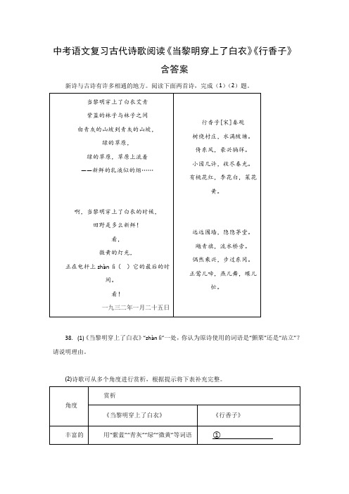 中考语文复习古代诗歌阅读《当黎明穿上了白衣》《行香子》含答案