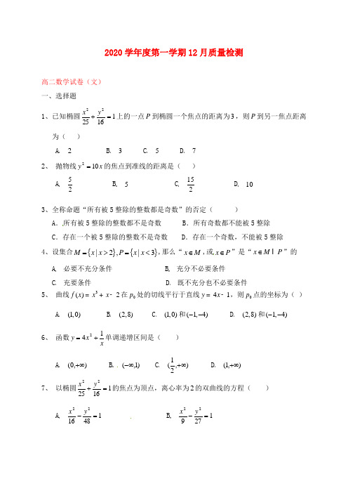 河北省秦皇岛市抚宁区第一中学2020学年高二数学12月月考试题 文(无答案)