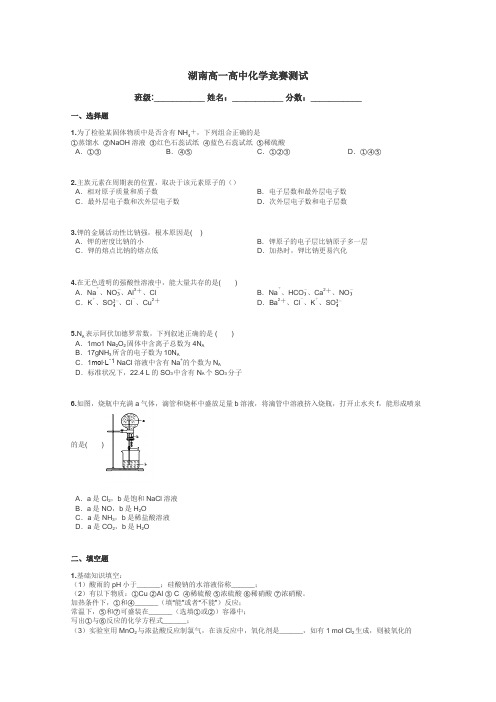 湖南高一高中化学竞赛测试带答案解析
