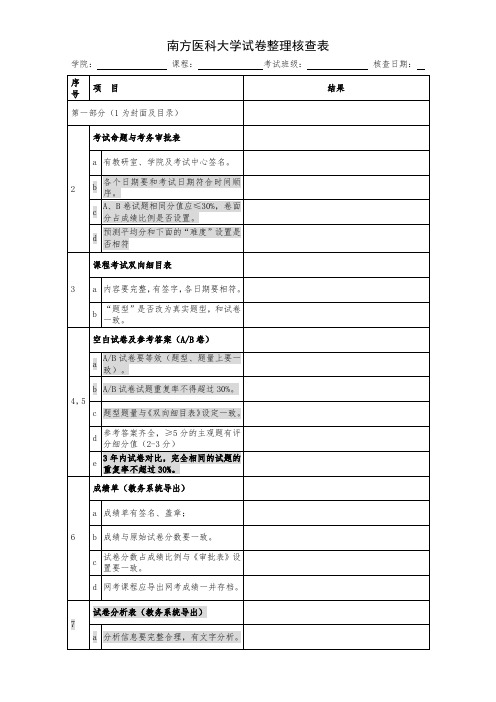 南方医科大学试卷整理核查表