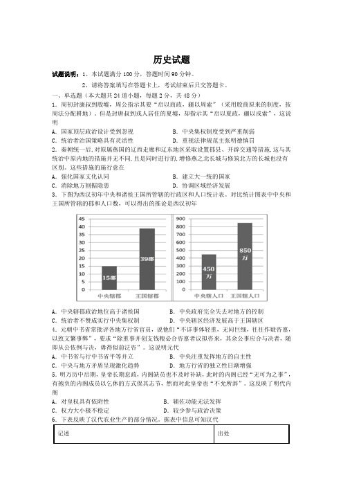 2021届高三期中考试历史试卷-含答案