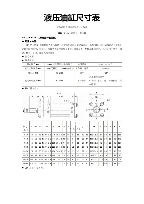 液压油缸尺寸表