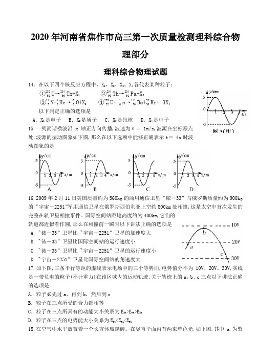 2020年河南省焦作市高三第一次质量检测理科综合物理部分