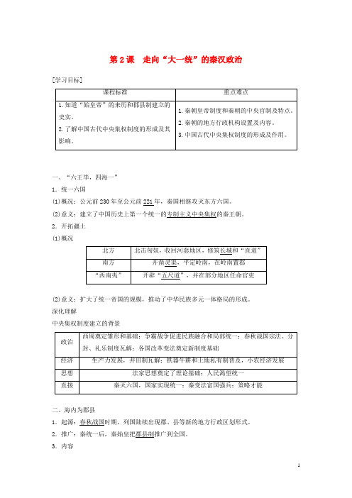 高中历史专题一古代中国的政治制度第2课走向“大一统”的秦汉政治学案含解析人民版必修1