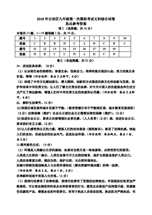 2018年初中毕业班初三文综历史政治模文综试卷--合稿-参考答案