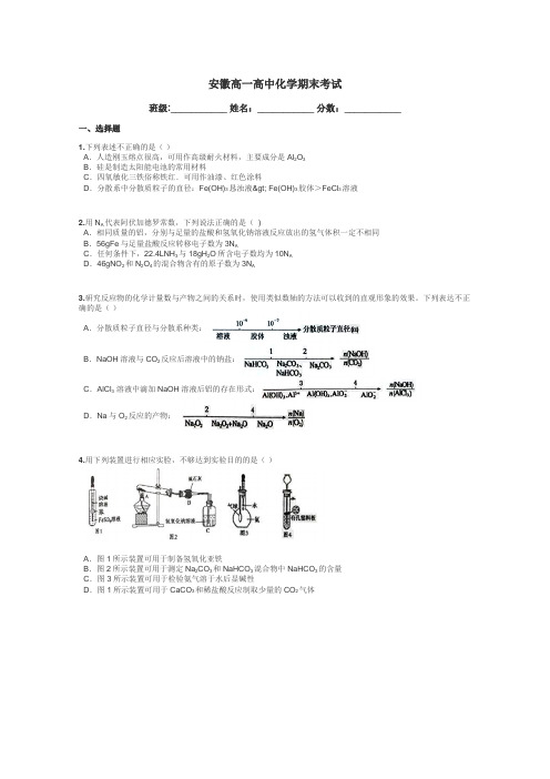 安徽高一高中化学期末考试带答案解析
