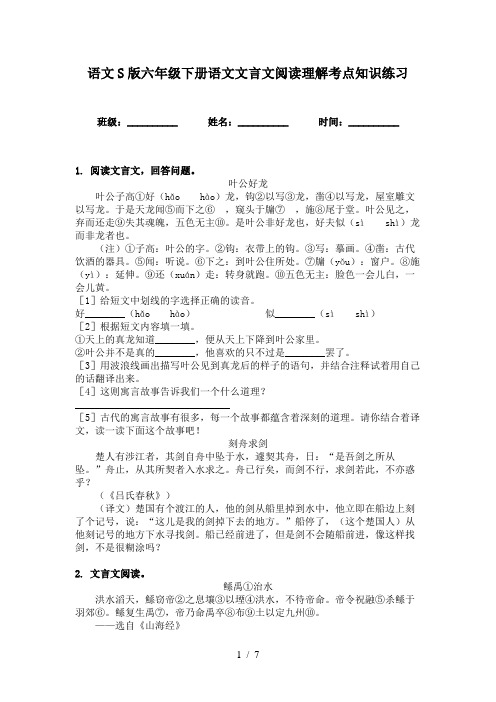 语文S版六年级下册语文文言文阅读理解考点知识练习