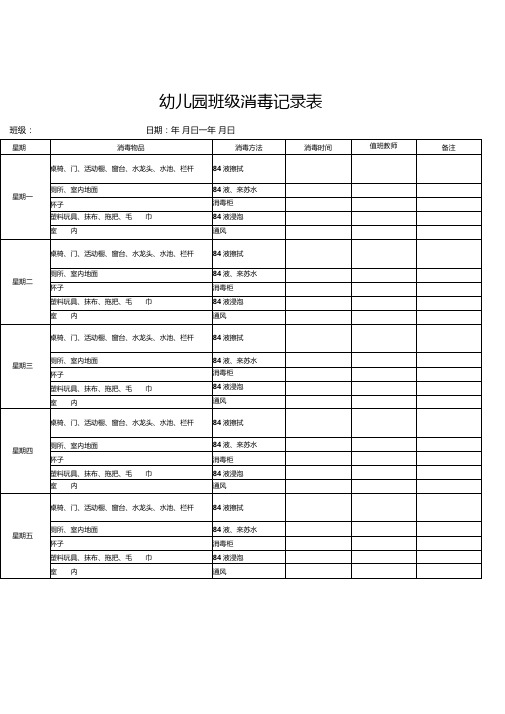 幼儿园班级消毒记录表