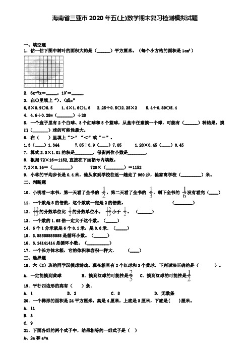 海南省三亚市2020年五(上)数学期末复习检测模拟试题