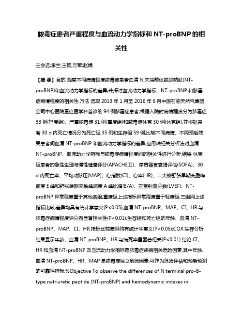 脓毒症患者严重程度与血流动力学指标和NT-proBNP的相关性