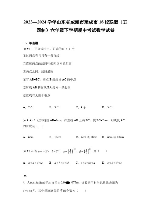 2023—2024学年山东省威海市荣成市16校联盟(五四制)六年级下学期期中考试数学试卷