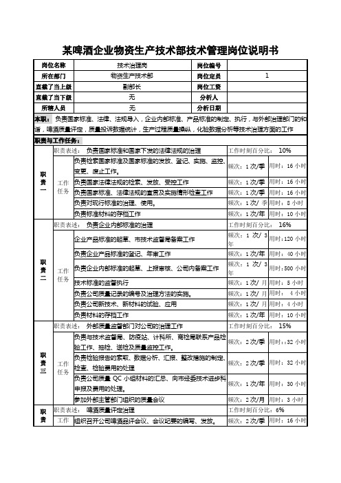 某啤酒企业物资生产技术部技术管理岗位说明书