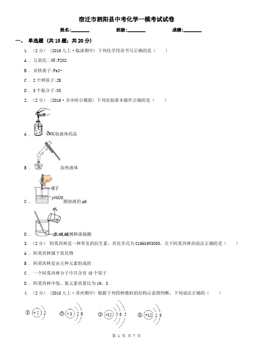 宿迁市泗阳县中考化学一模考试试卷