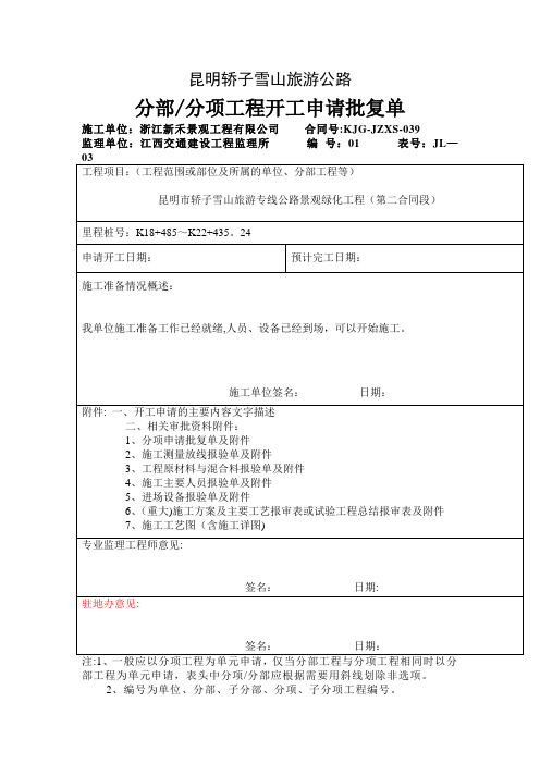 分部分项工程开工申请批复单【范本模板】