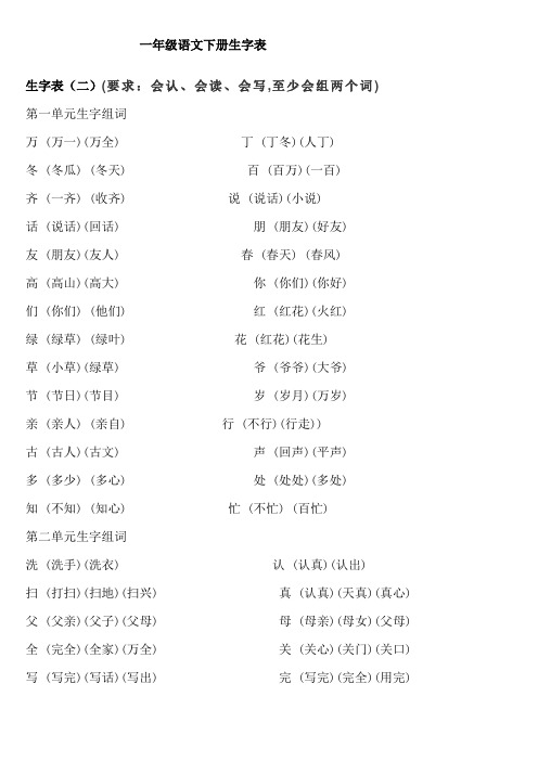 人教版一年级下册语文生字表二组词