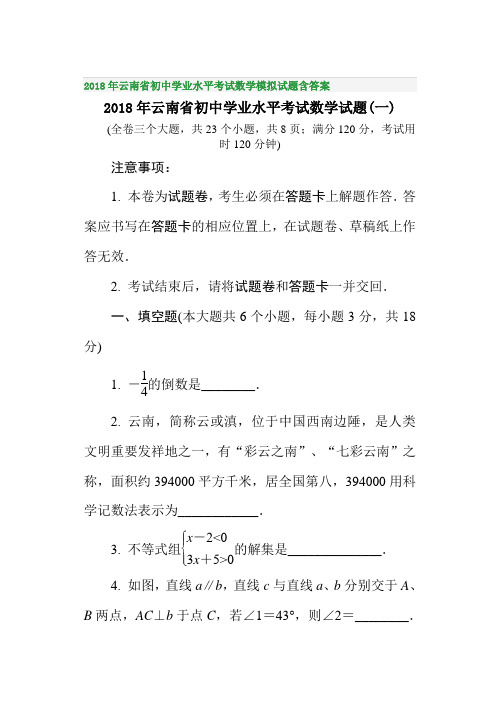 2018年云南省初中学业水平考试数学模拟试题含答案2018年云南省初中学业水平考试数学试题(一)