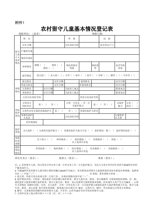 农村留守儿童基本情况登记表 表 