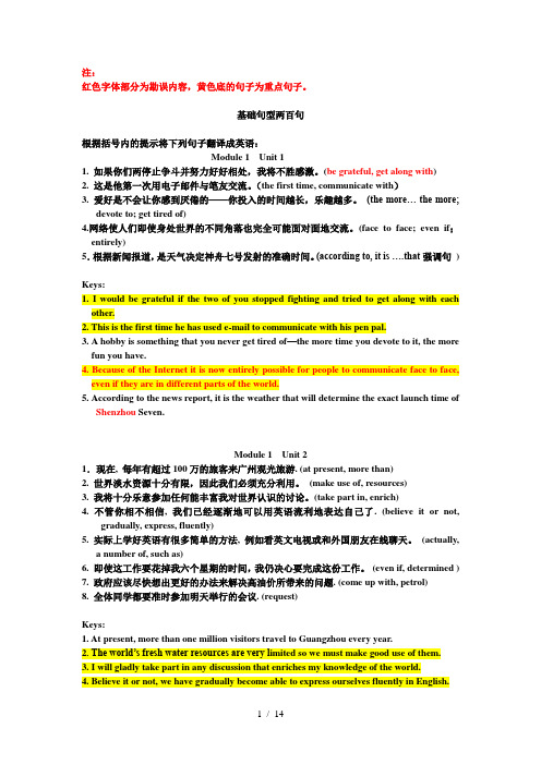 (修改版)英语基础句型200句(人教版英语必修1至必修5句子翻译练习答案)