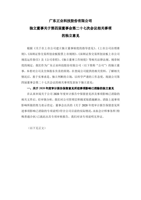 300410正业科技：独立董事关于第四届董事会第二十七次会议相关事项的独立意见