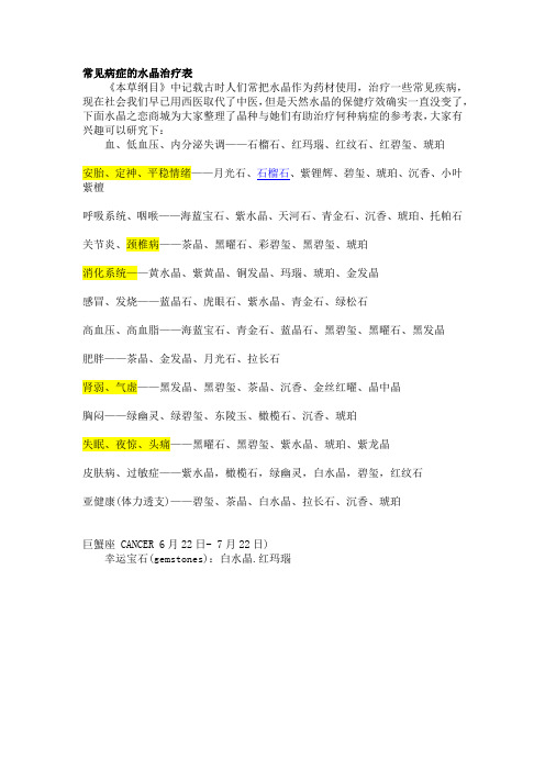 常见病症的水晶治疗表