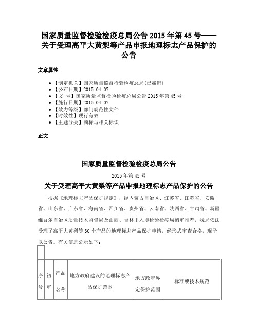 国家质量监督检验检疫总局公告2015年第45号——关于受理高平大黄梨等产品申报地理标志产品保护的公告