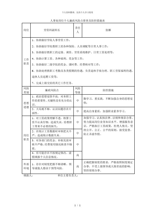 人事处岗位个人廉政风险点排查及防控措施表