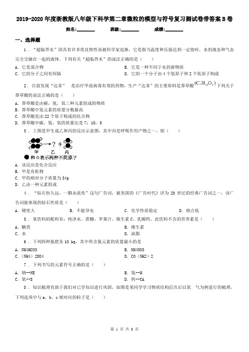 2019-2020年度浙教版八年级下科学第二章微粒的模型与符号复习测试卷带答案B卷