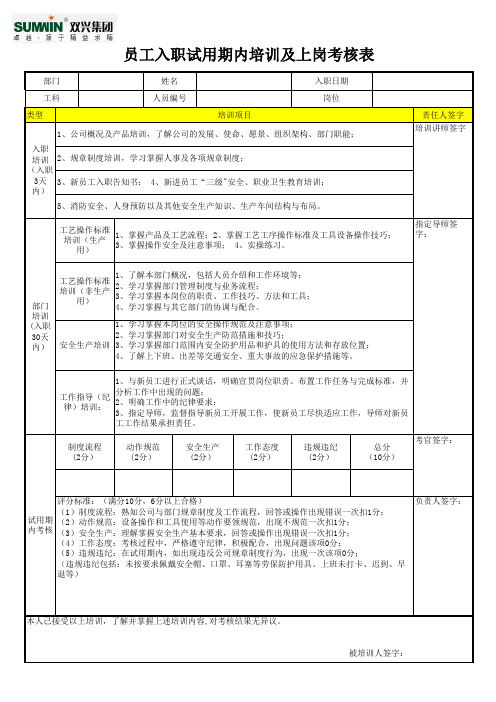 员工入职培训及上岗考核表