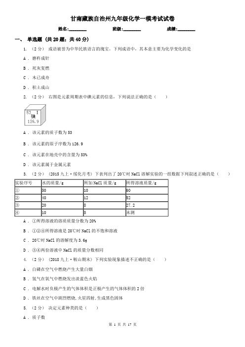 甘南藏族自治州九年级化学一模考试试卷