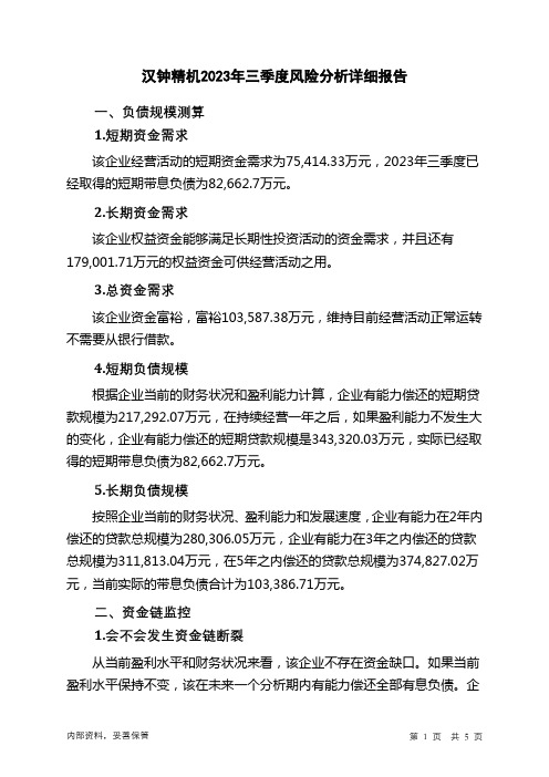 002158汉钟精机2023年三季度财务风险分析详细报告