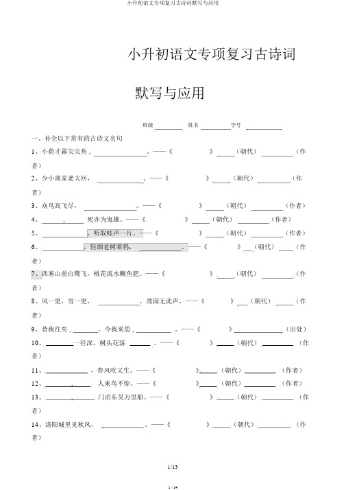 小升初语文专项复习古诗词默写与应用