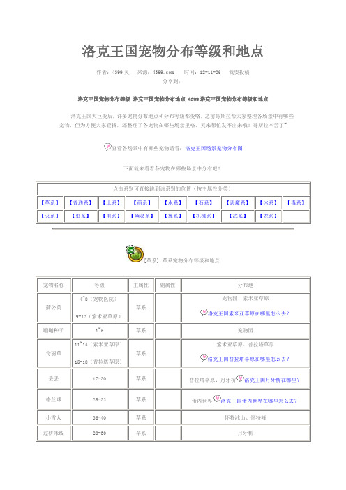 洛克王国宠物分布等级和地点