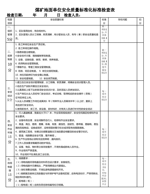 煤矿地面单位安全质量标准化检查表