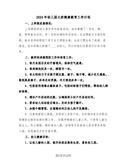 2024年幼儿园大班健康教育工作计划(五篇)