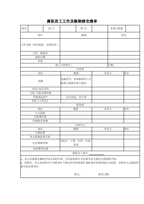 2  离职员工工作及账物移交清单