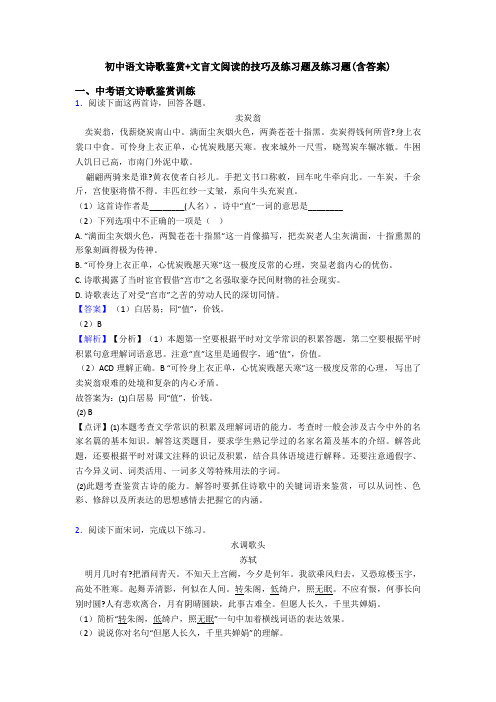 初中语文诗歌鉴赏+文言文阅读的技巧及练习题及练习题(含答案)